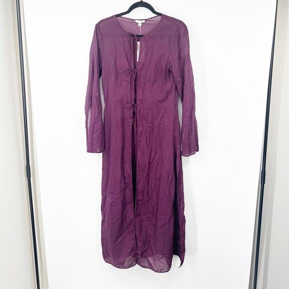 Skin Worldwide Tie-Front Long Sleeve Sheer Cover-Up in Italian Plum NWT - Picture 1 of 7